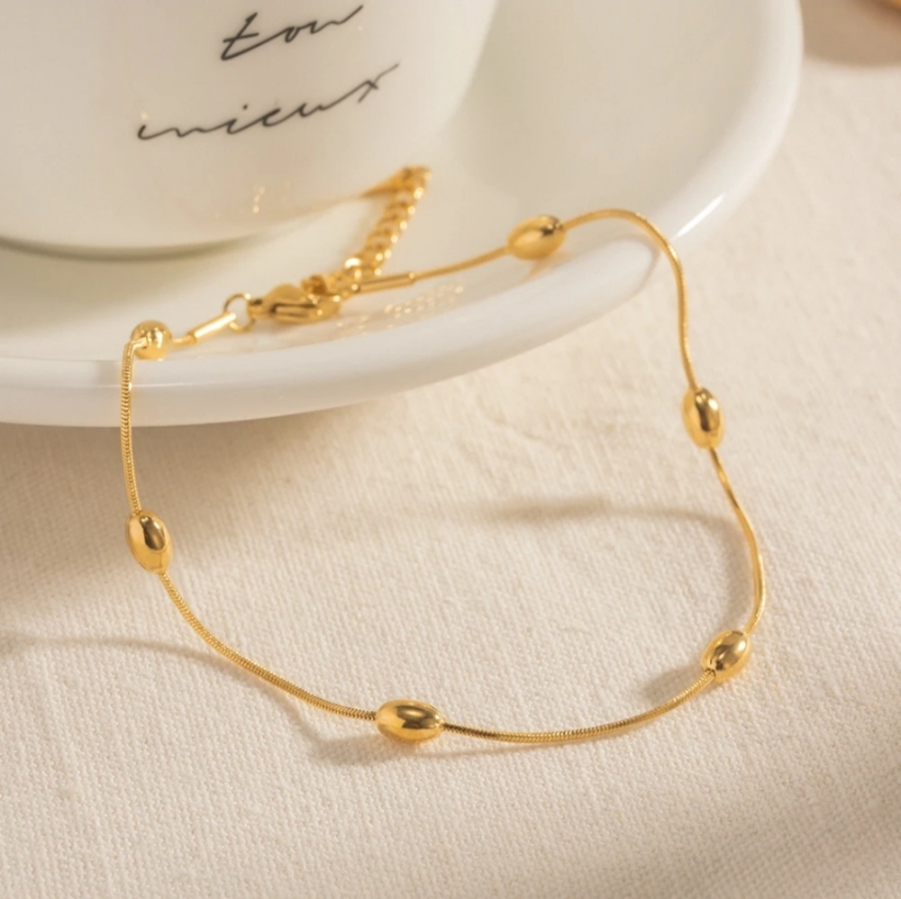 Stainless Steel Gold Plated Oval Beaded Anklet - Picture 7 of 13